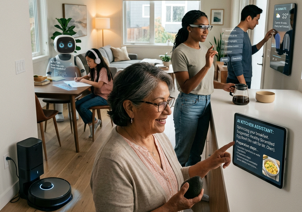 Multigenerational family using AI assistants and smart home devices in kitchen and living room